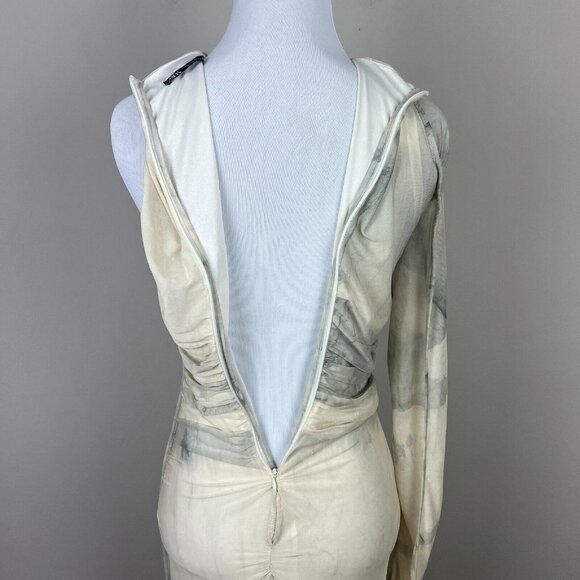 Zara Maxi Dress Womens XS Cream Gray Ruched One Shoulder Long‎ Sleeve Mesh Y2K - Picture 7 of 15